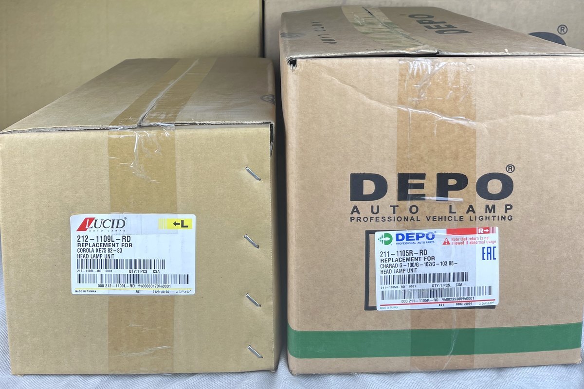 Lucid and DEPO headlight boxes side by side, showing the same label layout and part-number format