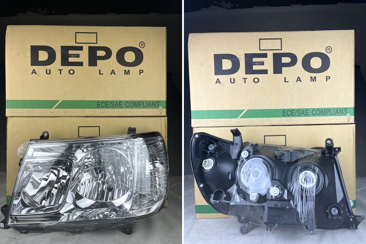 DEPO headlight for the Toyota Land Cruiser 2005&ndash;2007 (FJ100), front and back, with its DEPO box