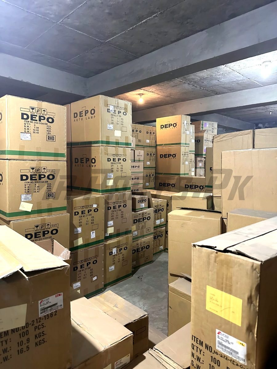 Imported car parts in manufacturer cartons stored at the MrParts.Pk warehouse in Lahore